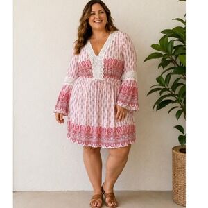 J Lee Boho Paisley Border Print Crochet Lace Bell Sleeve 2X